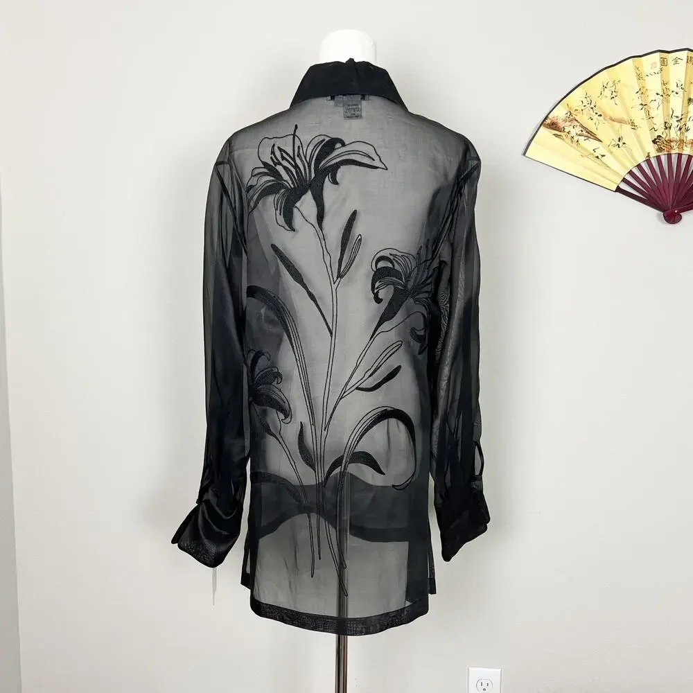 90s vintage black silk minimalist sheer organza emboidered tunic shirt blouse - Picture 4 of 10